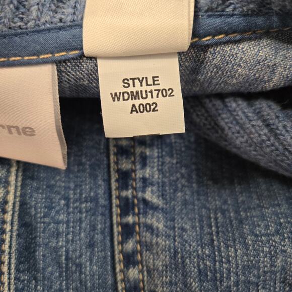 Liz Claiborne Denim Jean Jacket Knit Sleeves Shawl Collar Pocket Cuff Trim sz 14 - Picture 15 of 16